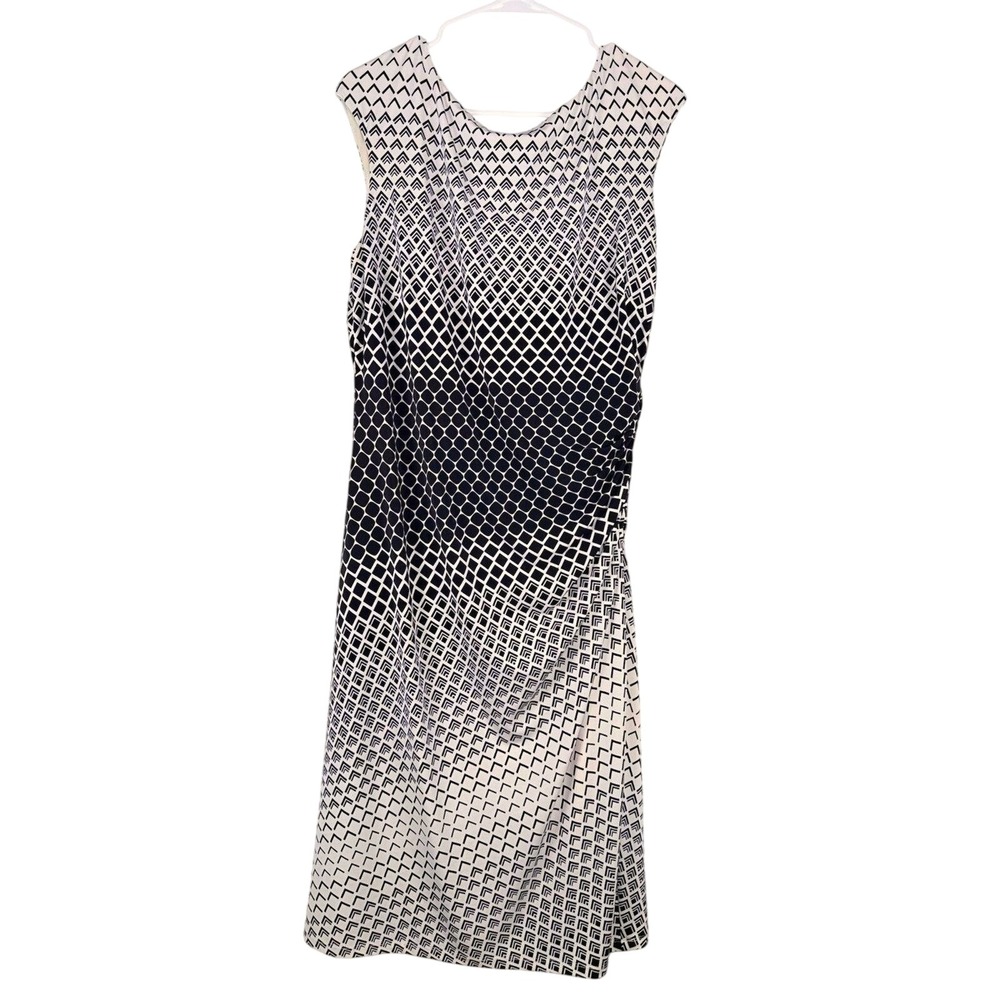 Lauren Ralph Lauren Women 14 Sheath Black Cream Geometric Sleeveless Ruched